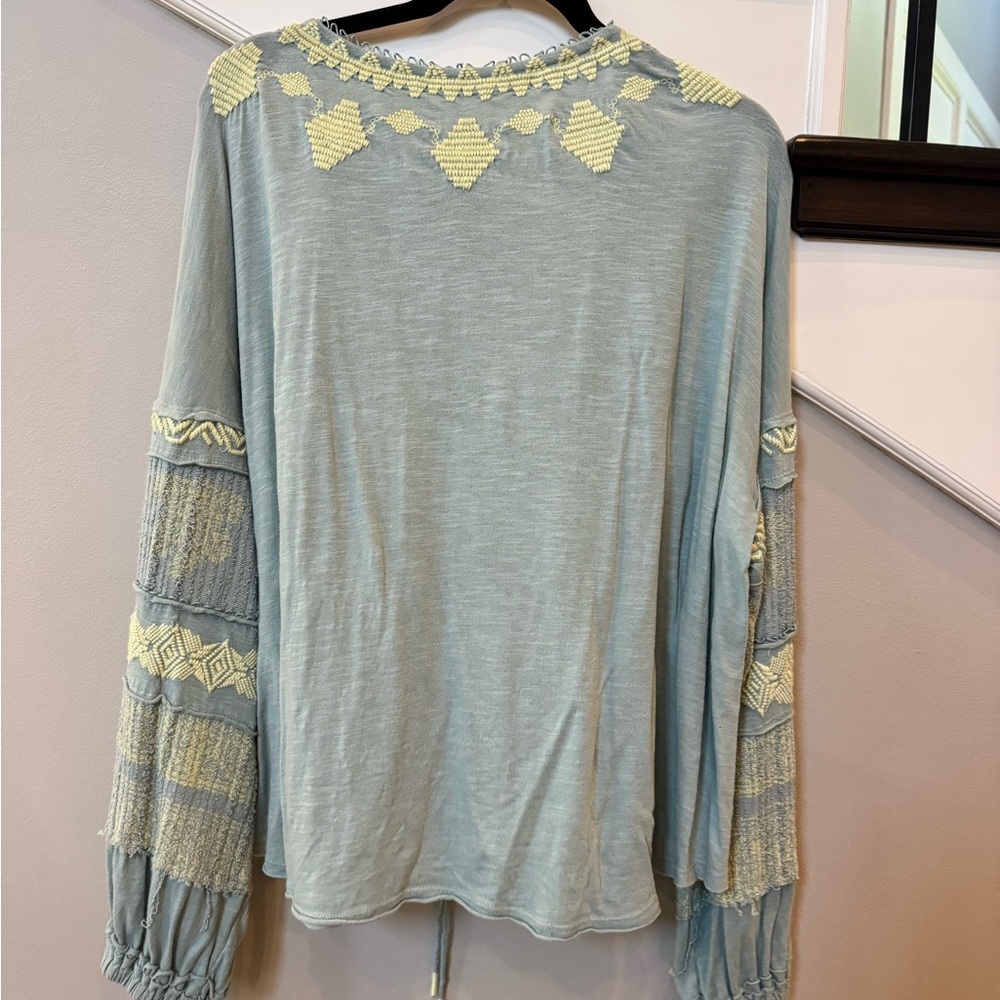 Free People Boho Blue Shirt with Matcha Green Accents - Picture 6 of 6